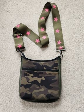 Haute Shore Camo Crossbody Bag with Pink Star Strap
